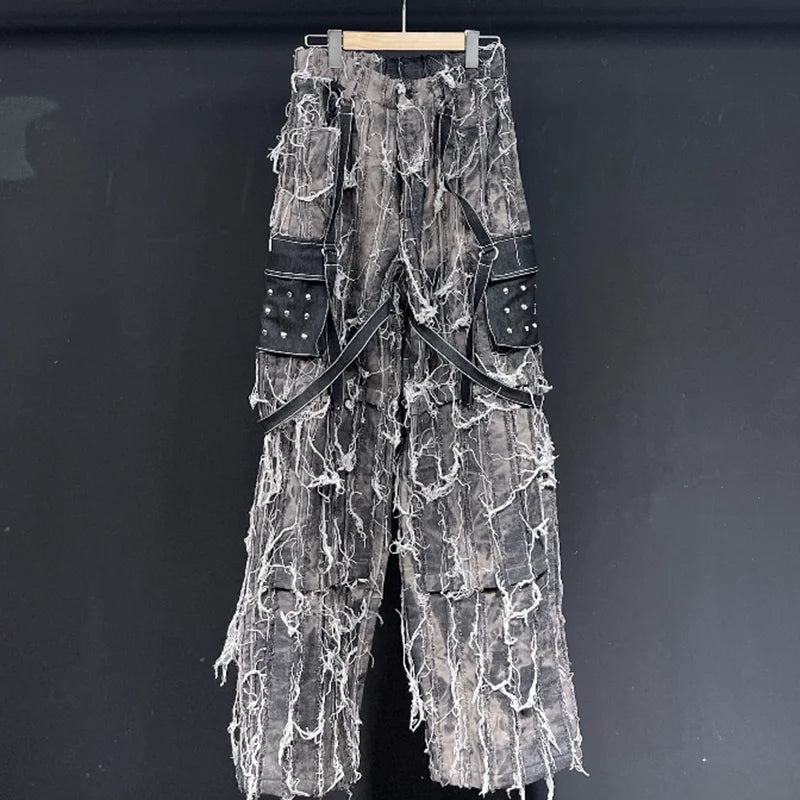PFHQ Men's Heavy Industry Mud Dyed Rivet Jeans Spliced Straight Long Stacked Micro Flared Wide Leg Handsome Denim Pants 21Z2243