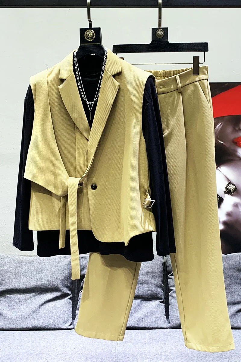 PFHQ 2023 Summer New Fashion Suits For Men's Solid Color Asymmetrical Sleeveless Drawstring Vests Straight Pant Men Tide 21F3413