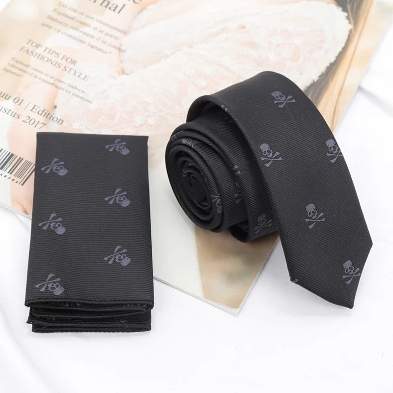 New Slim Skull Ties for Men Women Classic Polyester Black Neckties Fashion Man Tie Wedding Party Cosplay Neckwear Accessories