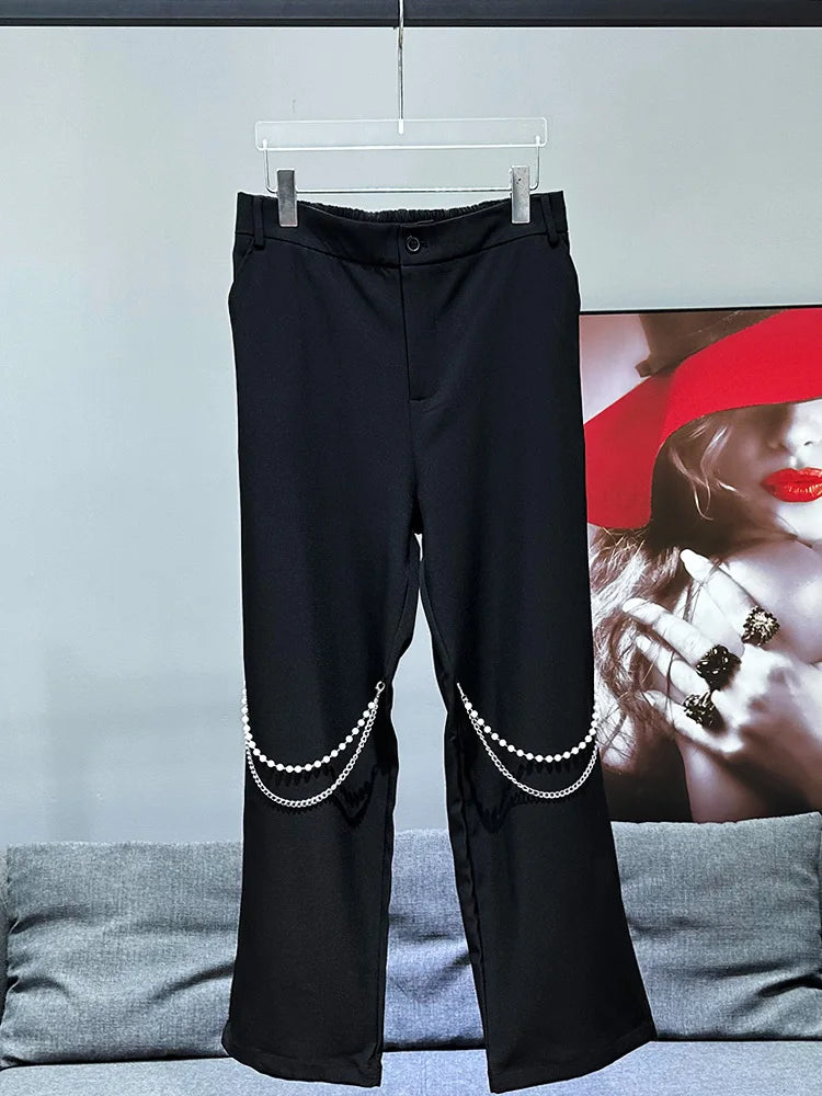 PFHQ Trendy fashion versatile men's casual pants Korean fashion new pearl chain design 2024 solid color male trousers