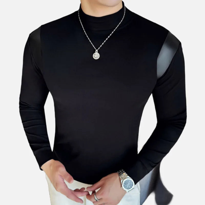 PFHQ Fashion Men's Tops Pullover PU Leather Solid Color Slim Mock Neck T-shirts Slim Long Sleeve Casual Male Tees Spring 21Z9025