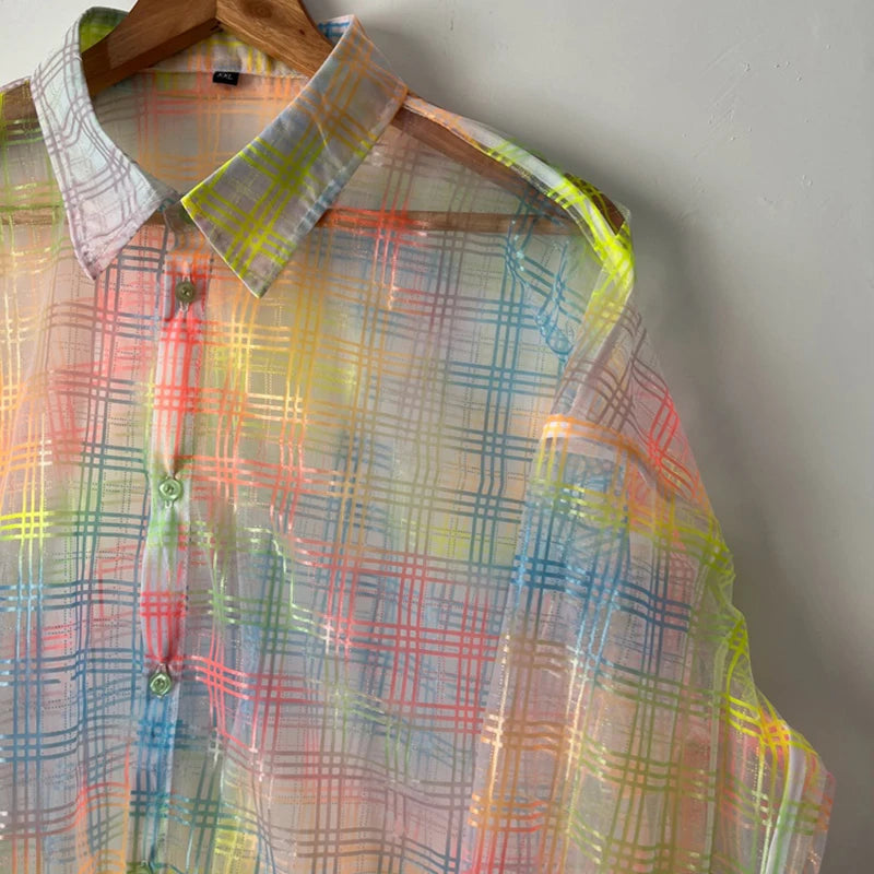 PFHQ Autumn Men's Rainbow Colorful Plaid Perspective Shirts Glass Yarn Organza Loose Fashion Personality Breathable Tops 21Z1976