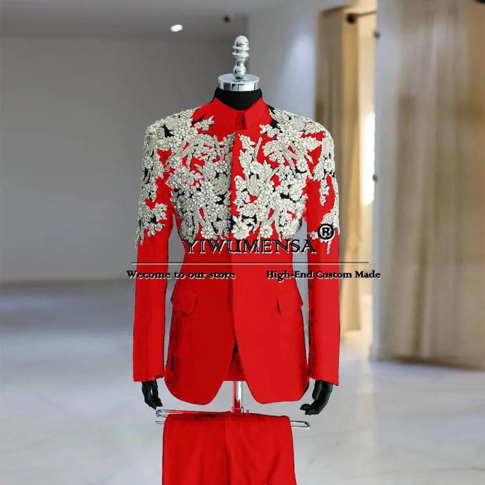 Man Luxury Groom Tuxedo Sliver Crystals Diamond Appliques Suits Men For Wedding Bespoke Stand Collar Jacket Pants 2-Piece Sets