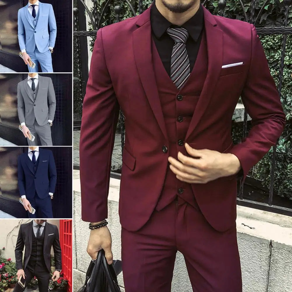 Men Three-piece Suit Stylish Men's Wedding Suit Set Slim Fit Solid Color Anti-wrinkle Formal Business Style with Turn-down