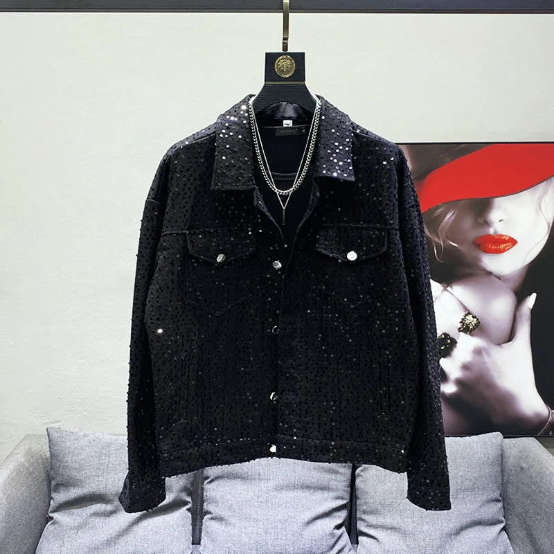 PFHQ Niche Design Street Sequin Denim Jacket Men's Personality Handsome Shiny Coat High Quality Elegant Trendy 2023 Spring New
