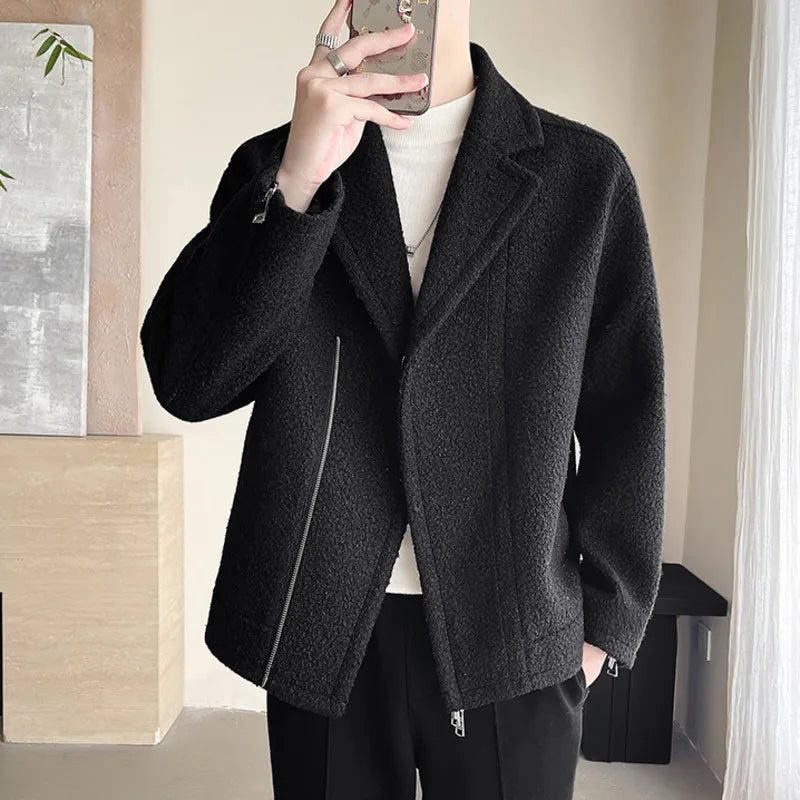 PFHQ Korean Style Men's Woolen Overcoats Thickened Zippers Solid Color New Trendy Autumn Male Short Trench 2024 Menswear 21Z6587