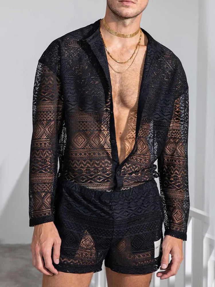 PFHQ 2023 Summer New Hollow Out Sexy Lace Shorts Shirt Sets Men's Fashion Suit Clothes Free Shipping Trendy Elegant Beach Cheap