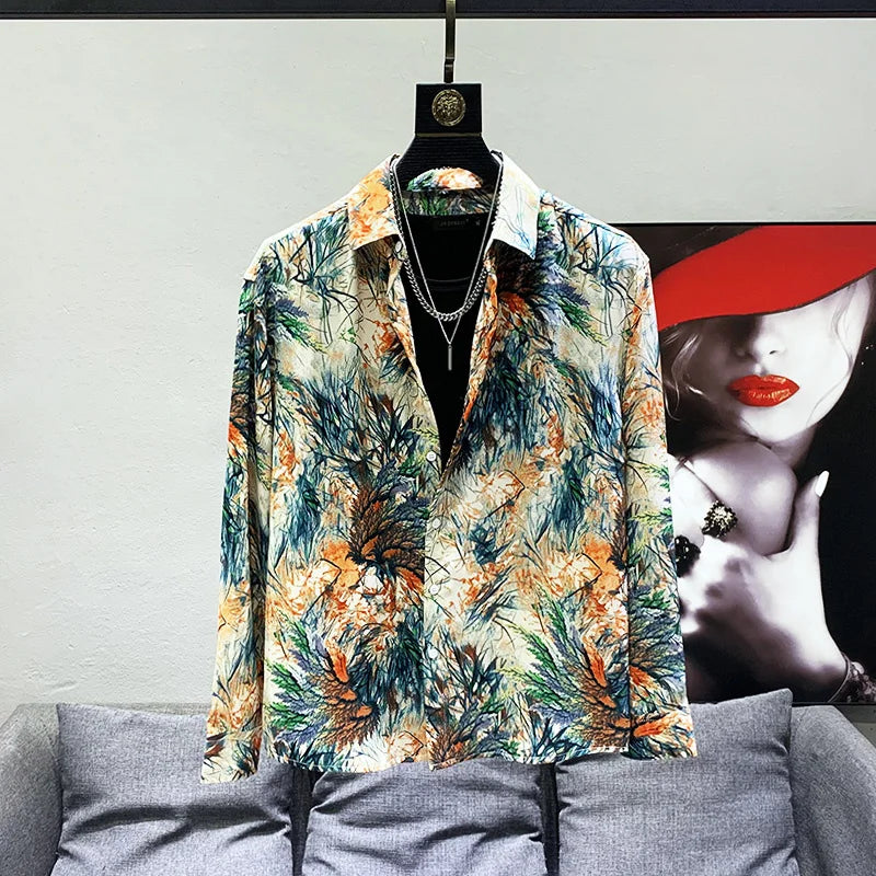 PFHQ 2023 Summer New Fashion Shirts For Men Turn-down Collar Long Sleeve Single Breasted Printing Loose Blouse Clothing 21F3412