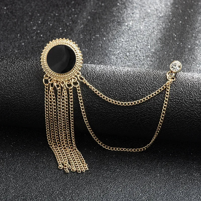 New Fashion Metal Rhinestone Crystal Brooch Men's Suit Shirt Collar Pin Black Tassel Corsage Brooches Jewelry Luxury Accessories