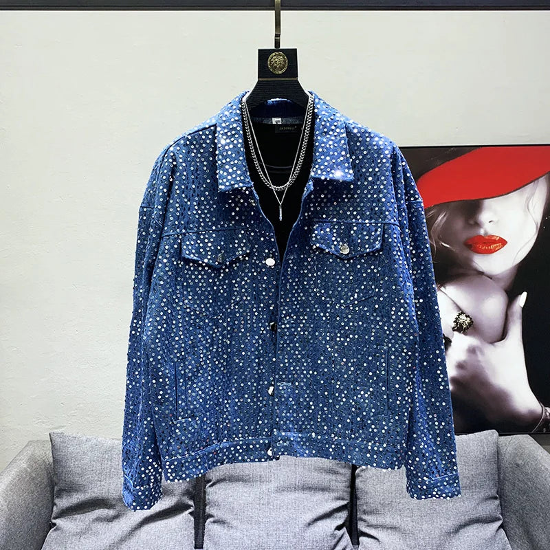 PFHQ Niche Design Street Sequin Denim Jacket Men's Personality Handsome Shiny Coat High Quality Elegant Trendy 2023 Spring New