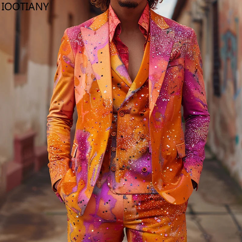 Men's Colorful Painting Suit British Men's Suit Jackets And Pants Nightclub Stage Cool Performance Suits Wedding Banquet Suits