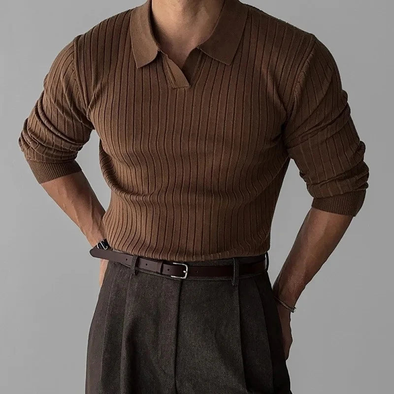 New Autumn Men's Light Luxury turn-down collar Knitted Polo Shirt Solid Color Long-sleeved Pullover Leisure Knitwear Streetwear