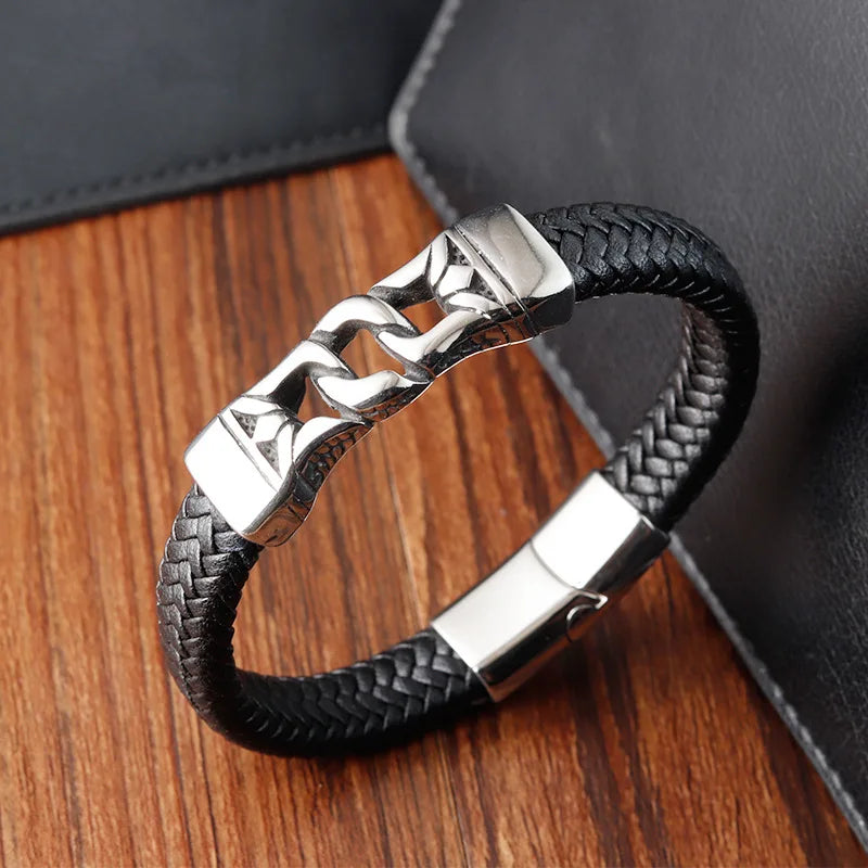 Vintage Genuine Leather Rope Bangle Man'S Stainless-Steel Silver Bracelet Luxury Men'S Accessories Wholesale