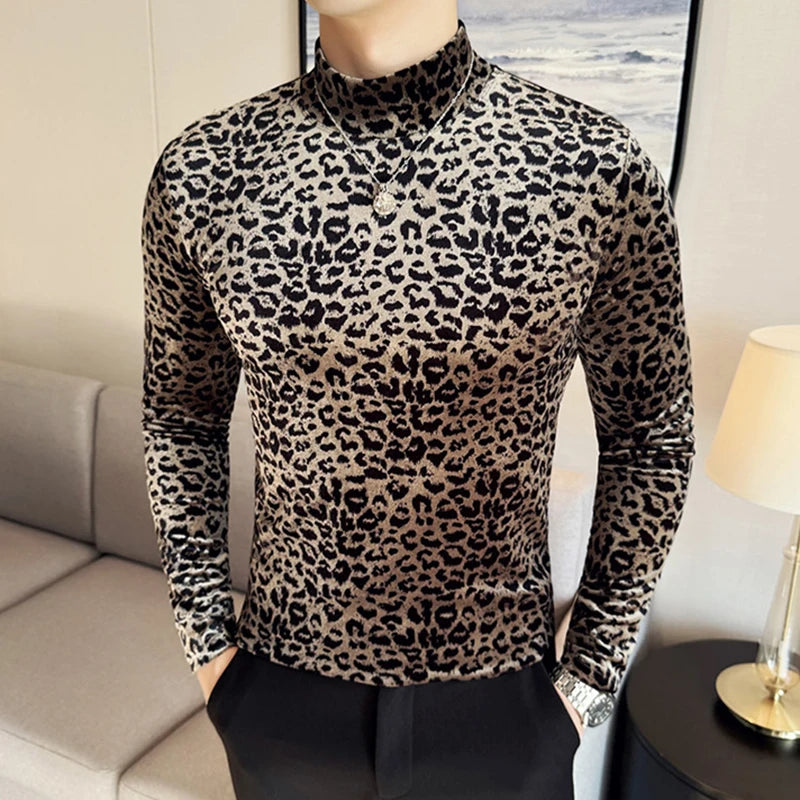 PFHQ Leopard Print Men's Tees Mock Neck Long Sleeve Pleuche Slim Niche Design Casual Clothing Pullover Male T-shirt 2025 21Z9022