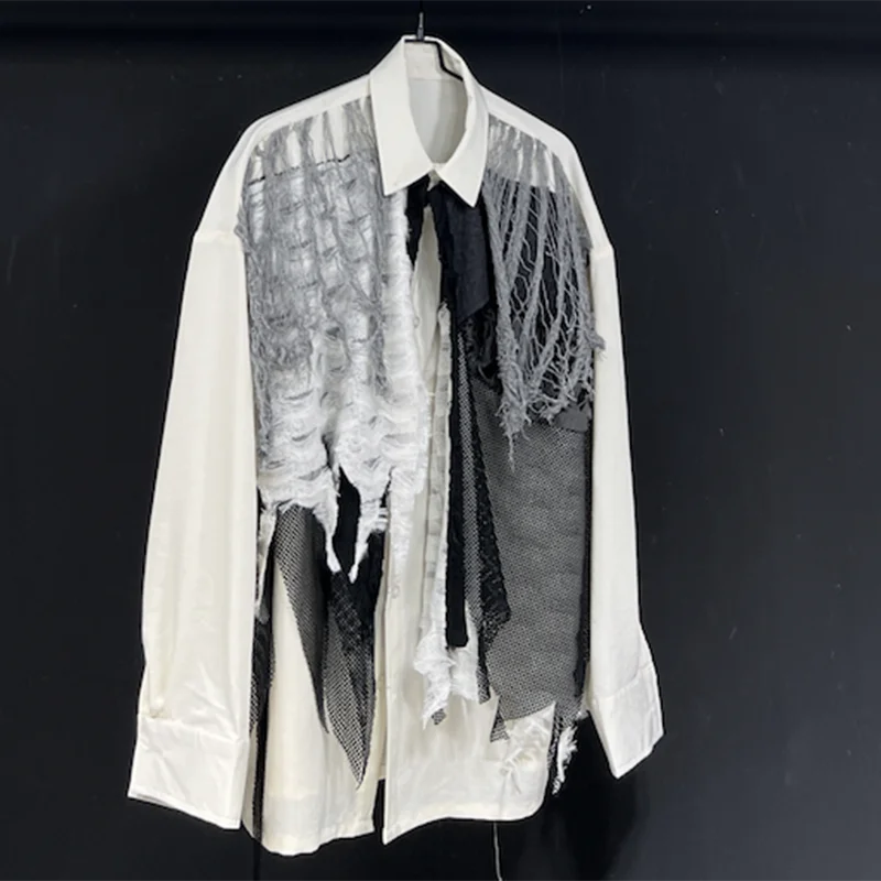 PFHQ Patchwork Vintage Male Shirts Versatile Baggy Summer Long Sleeve Sun Protection Worn Out Trendy Original Men's Tops 21Z4834