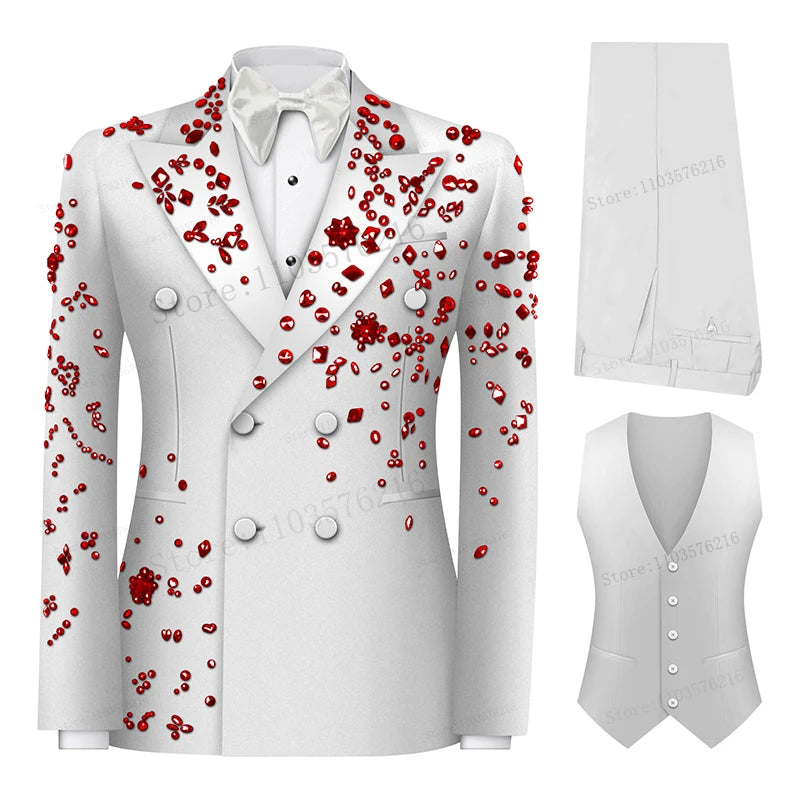 Luxury 3 Pieces Men's Suits Jewel Decoraction Jacket Vest Pants Suit for Party Prom Wedding Groom