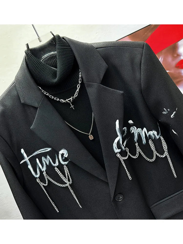 Men's 2024 Spring Autumn Fashion Trendy Suit Jacket Handsome Casual Loose Black Suit Jackets High-end High Street Letter Blazers