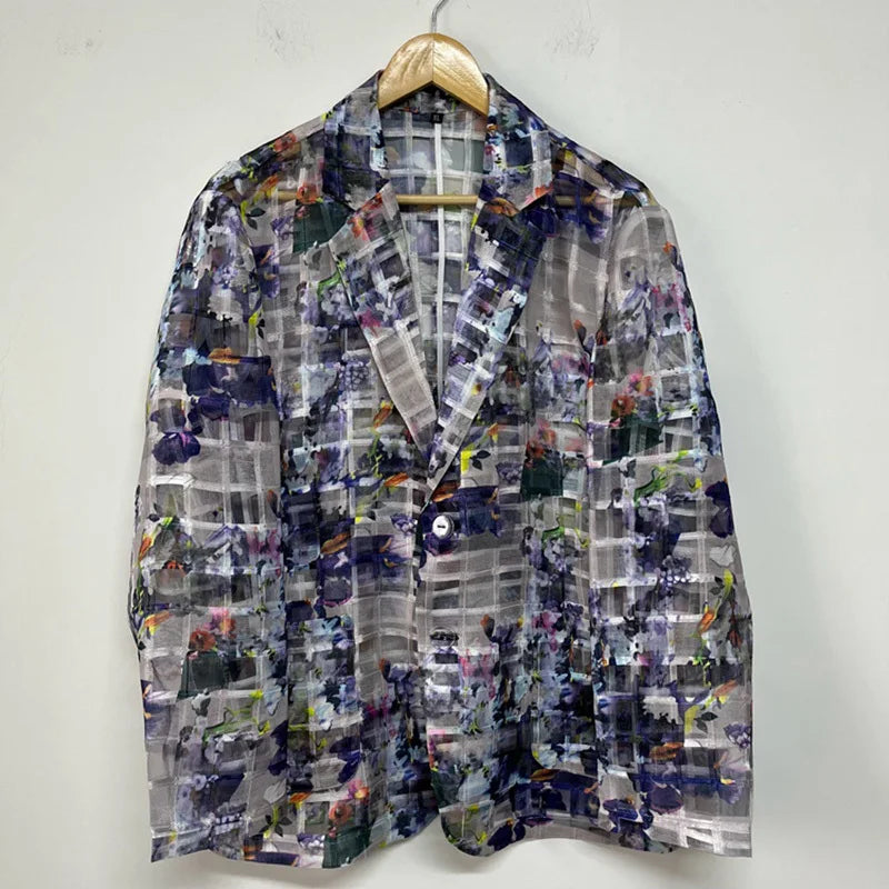 PFHQ Men's Ink Wash Plaid Embroidery Suit Jackets Perspective Summer Print Sun Protection Clothing Layered Design Blazer 21Z4411