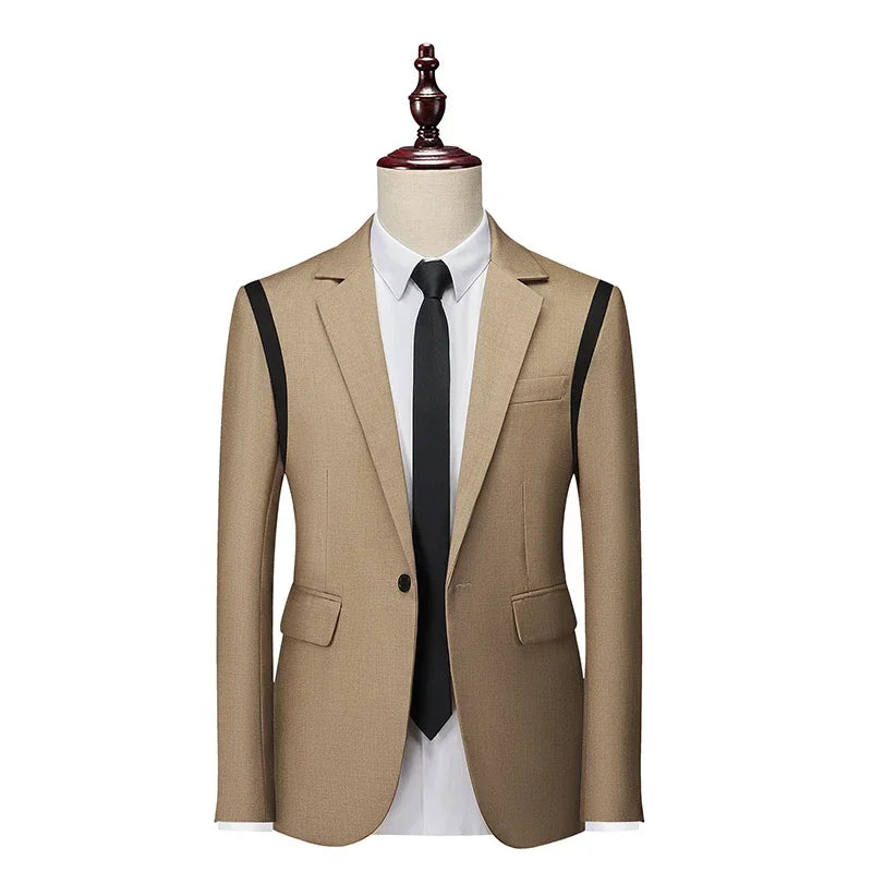 Black/Green Splicing Suit Jacket Men's, Single-button V-neck Slim Dress Coat, Korean Style Young Boys Blazers Red Gray Blue