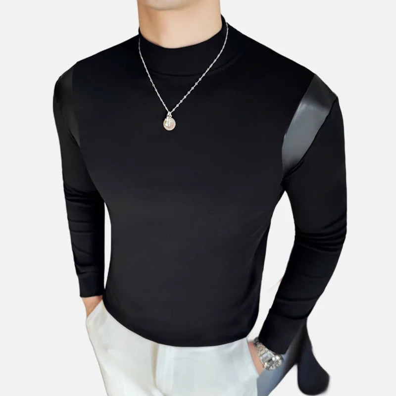 PFHQ Fashion Men's Tops Pullover PU Leather Solid Color Slim Mock Neck T-shirts Slim Long Sleeve Casual Male Tees Spring 21Z9025