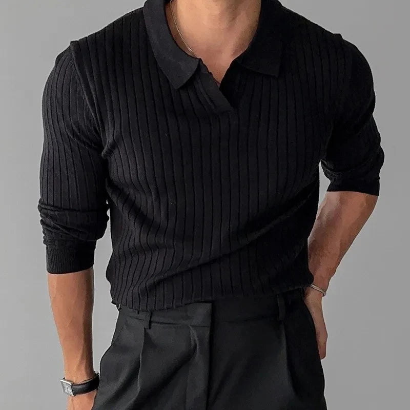New Autumn Men's Light Luxury turn-down collar Knitted Polo Shirt Solid Color Long-sleeved Pullover Leisure Knitwear Streetwear