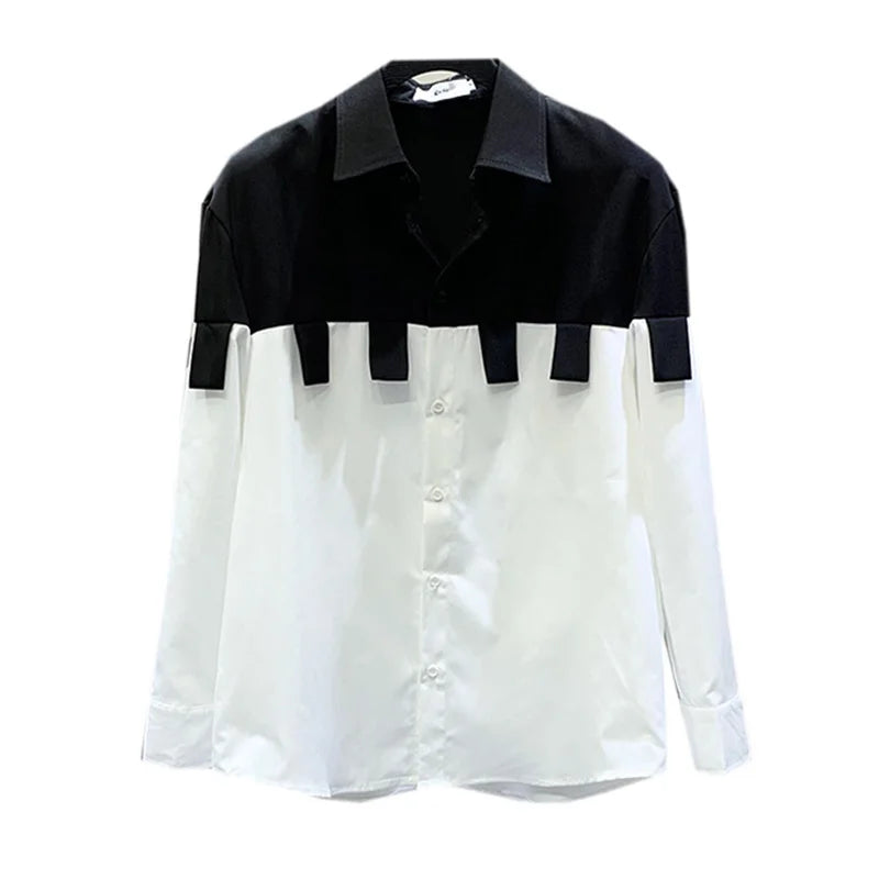 PFHQ Niche Design Color Contrast Patchwork Tassel Ribbon Men's Original Shirt Long Sleeve Elegant Trendy 2023 Spring New Tops