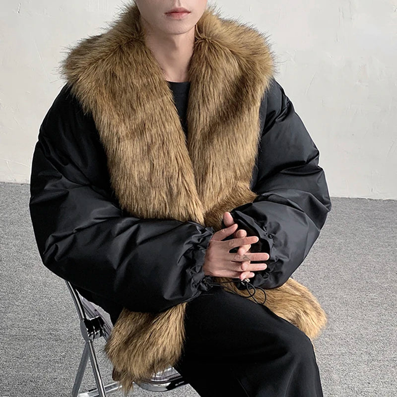 PFHQ Men's Fur Cotton Coat Niche Design Autumn Texture Warm Top Collar Detachable Patchwork Winter Male Padded Jacket 9C3603