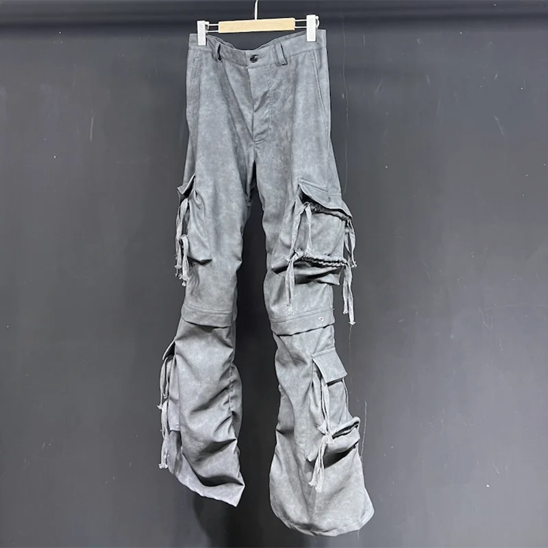 PFHQ Men's PU Washed Cargo Pants Streetwear Multi Pockets Avant-garde Pioneer Techwear Abstraction Autumn Tide Trousers 21Z3141