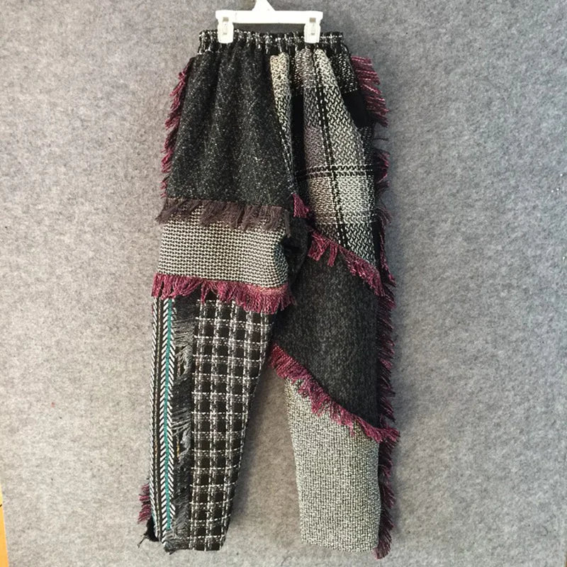 PFHQ Niche Design Tweed Wornout Tassel Plaid Patchwork Men's Casual Pants Stylish High Quality Personality Tide Trousers 21F1945
