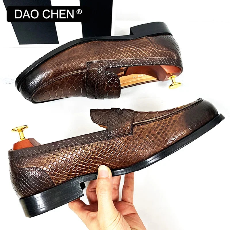 LUXURY MEN LEATHER SHOES BLACK COFFEE SLIP ON SNAKE PRINT DRESS MEN'S CASUAL SHOES WEDDING OFFICE BANQUET Loafers Shoes For Men