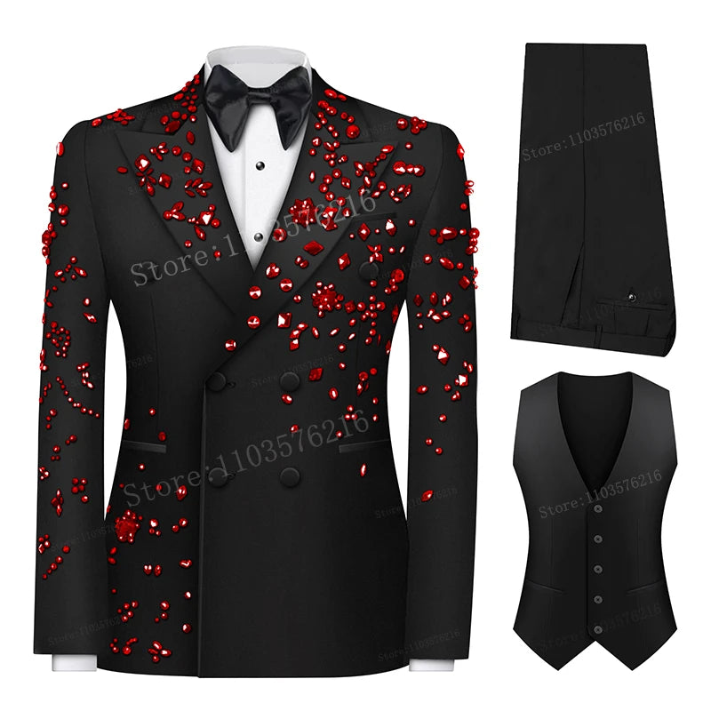 Luxury 3 Pieces Men's Suits Jewel Decoraction Jacket Vest Pants Suit for Party Prom Wedding Groom