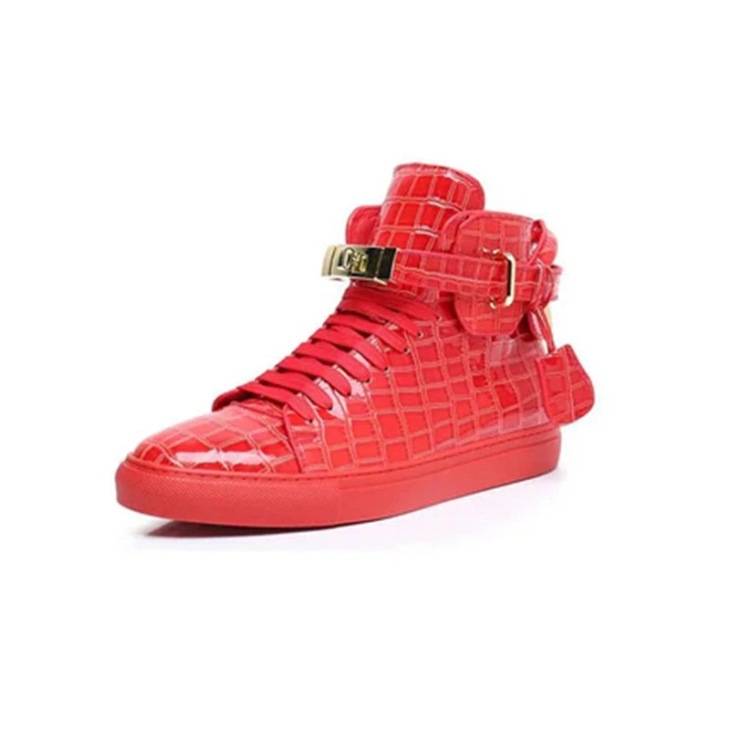 Men Embossed Crocodile High Top Shoes Lock Lace Red Green Flats Real Leather Designer Boots Men‘s Casual Shoe 2021