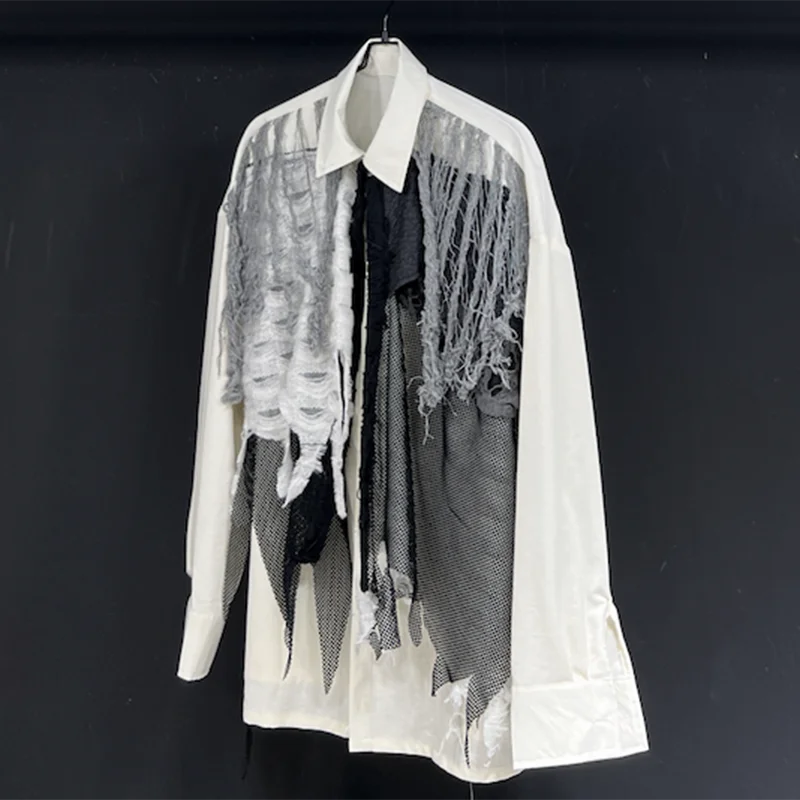PFHQ Patchwork Vintage Male Shirts Versatile Baggy Summer Long Sleeve Sun Protection Worn Out Trendy Original Men's Tops 21Z4834