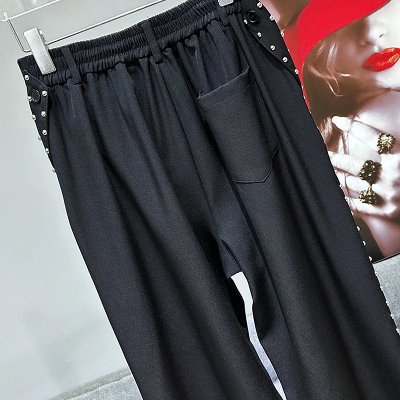 PFHQ Autumn New Loose Versatile Metal Nail Decoration Ribbon Design High Street Straight Leg Casual Pants Solid Color