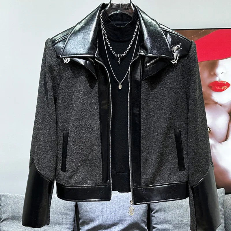 PFHQ Korean Splicing Color Design Short Jacket Autumn Winter New Pu Leather 2024 Zipper Contrast Color Male Tops 21Z7252