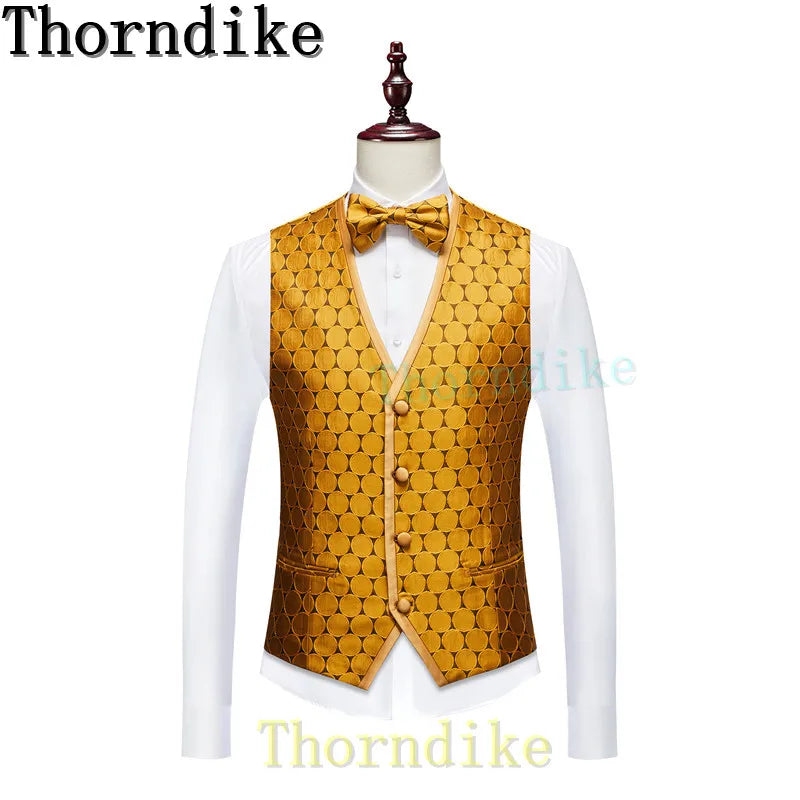 Thorndike 2022 New Yellow Pattern Men Party Tuxedos Suits 3 Pieces Latest Lapel Men Suits Buttons Fashion Style Suits