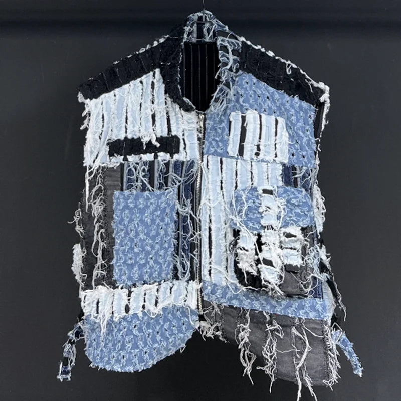 PFHQ Summer Men's Worn Out Denim Vest High Quality Patchwork Techwear Creativity Contrast Color Motorcycle New Waistcoat 21Z1136