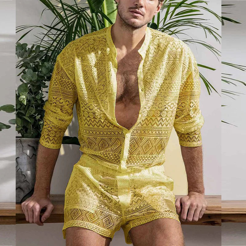 PFHQ 2023 Summer New Hollow Out Sexy Lace Shorts Shirt Sets Men's Fashion Suit Clothes Free Shipping Trendy Elegant Beach Cheap