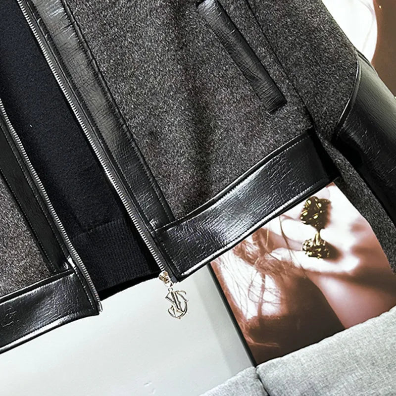 PFHQ Korean Splicing Color Design Short Jacket Autumn Winter New Pu Leather 2024 Zipper Contrast Color Male Tops 21Z7252