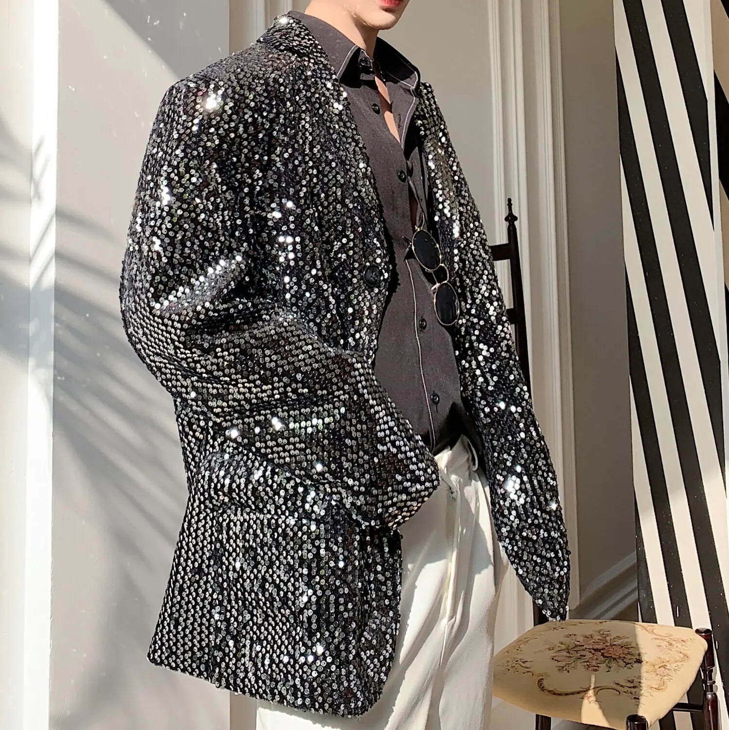 Sequin Blazer Hombre Stage Show Blazer Jacket Outerwear Men Sequins Casual  Suit Jacket Overcoat Male Silver Paillette Blazer