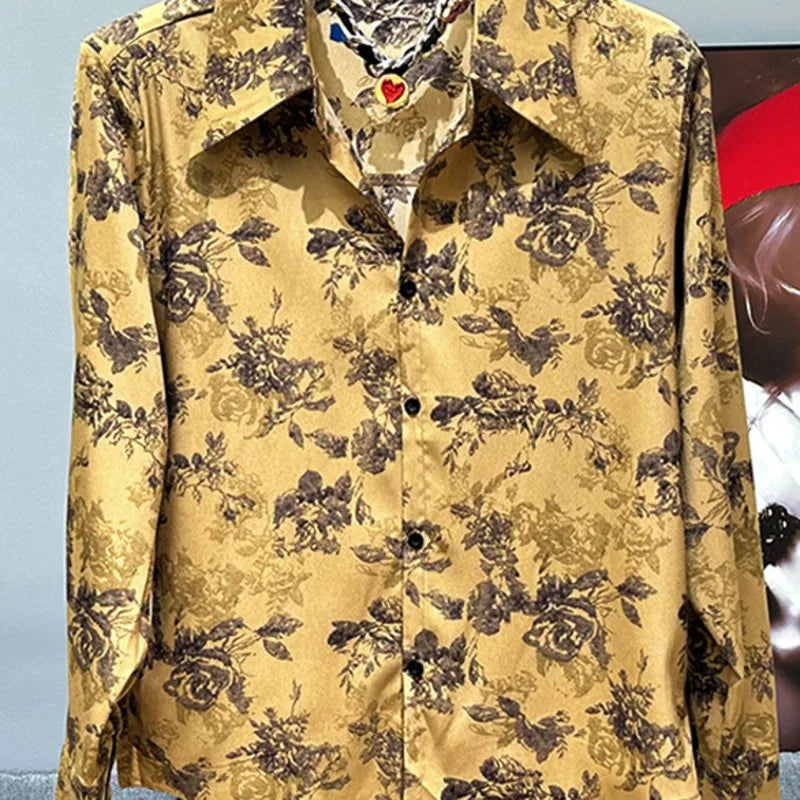 PFHQ Summer Rose Print Long Sleeved Shirts Men's Fashion Trend Versatile Breathable Turn-down Collar Male Tops Original 21Z4688