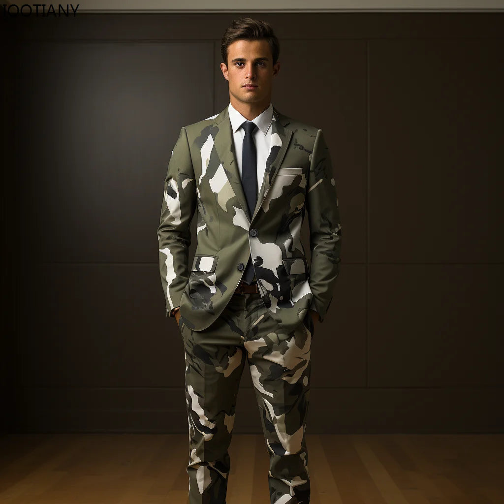 Geometric Camouflage Tactical Handmade Suit Men's 3d Digital Printing Suits Cos Party Stage Nightclub Shiny Cool Performance Set