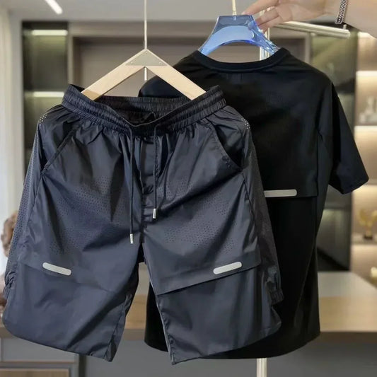 Men's Ice Cool Feel Casual Sets Youth Elastic Loose Sweatshirts Pants Solid Color Quick Dry Breathable Trendy Quality Sportssuit