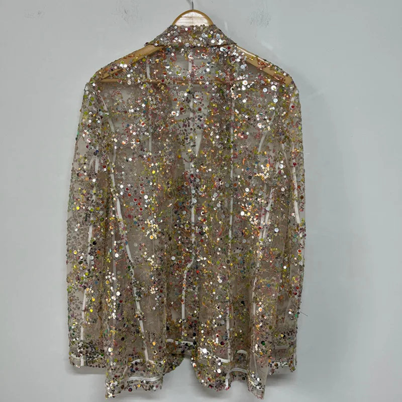 PFHQ Colorful Sequin Embroidery Male Blazers Perspective Mesh Sexy Delicacy Button Casual Summer Men's Light Luxury Coat 21Z4404
