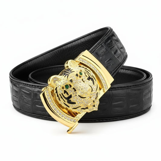 men's belt Gold Tiger Head automatic  alloy, leather men's belt, slide for easier adjustment belt, cut to fit