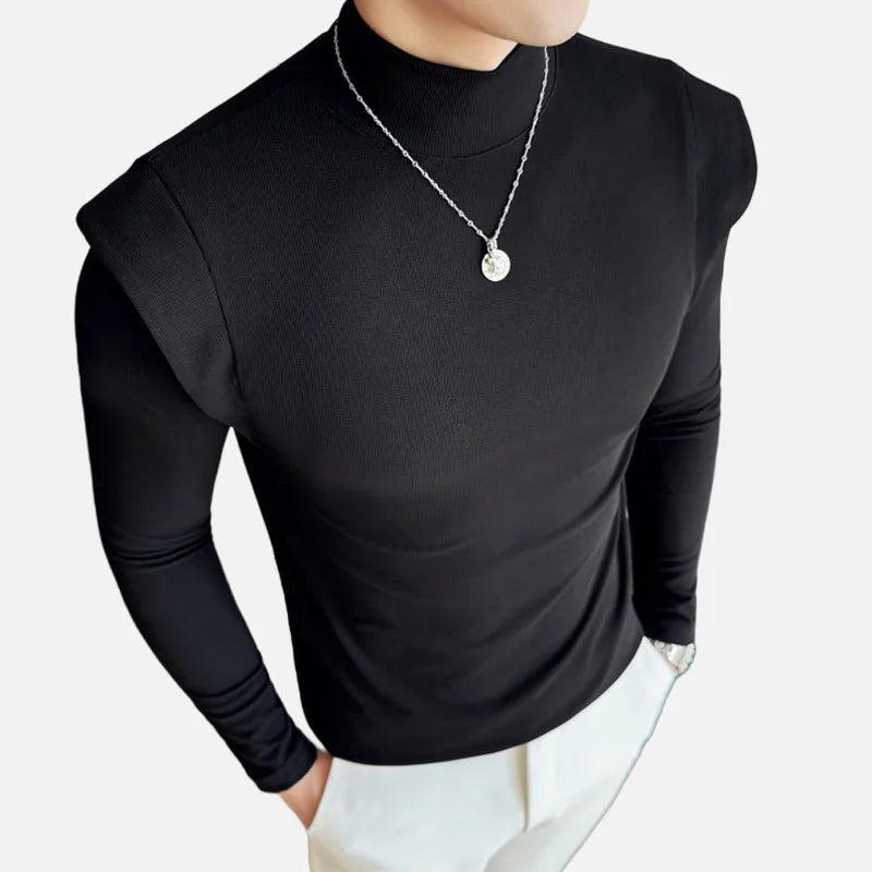 PFHQ Korean Style Men's Tees Mock Neck Fake Two-piece Solid Color Slim Tops Long Sleeve Casual Male T-shirts New Simple 21Z9027