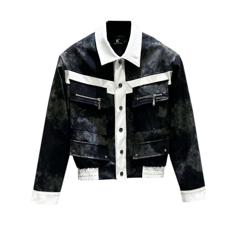 PFHQ Winter New Trendy Brand Short PU Jacket Men's Personalized Design Splicing Color Contrast Warm Short Leather Jacket