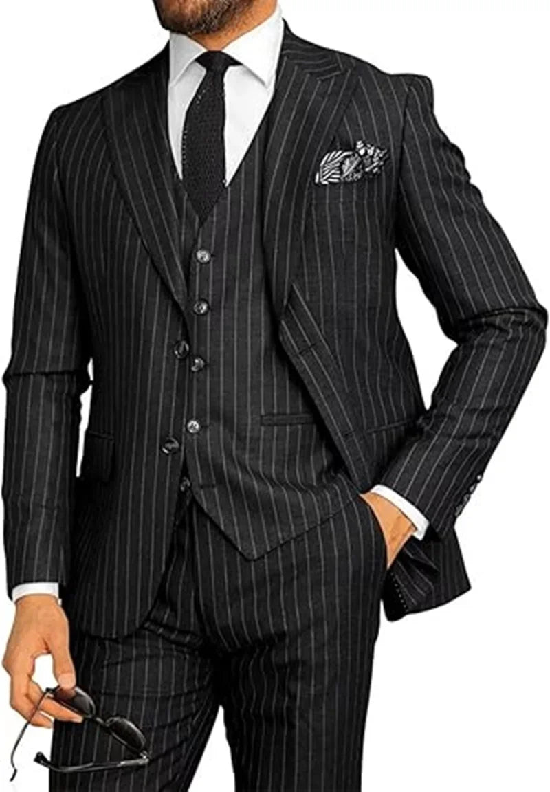 Formal Men's Suits Classic Pinstripe Tuxedos Suit 3 Pieces Blazer Vest and Pant Set Peak Lapel Groomsmen Wedding Dress  Business
