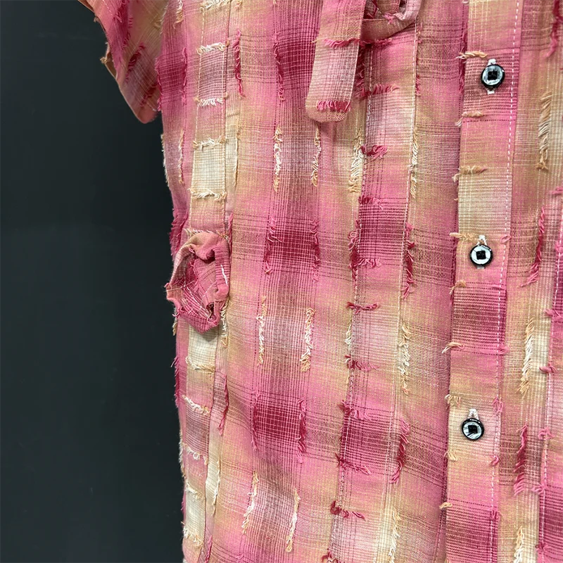 PFHQ Men's Checkered Shirt Short Sleeve 2024 Summer New Loose Versatile Handmade Flowers Delicacy Personality Male Tops 21Z4845