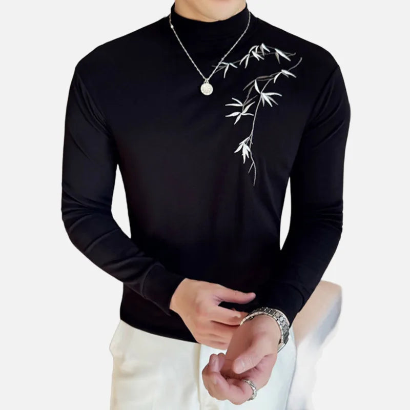 PFHQ Embroidery Bamboo Men's T-shirts Mock Neck Contrast Color Slim Casual Chinese Style Menswear Pullover Male Tees 21Z9026